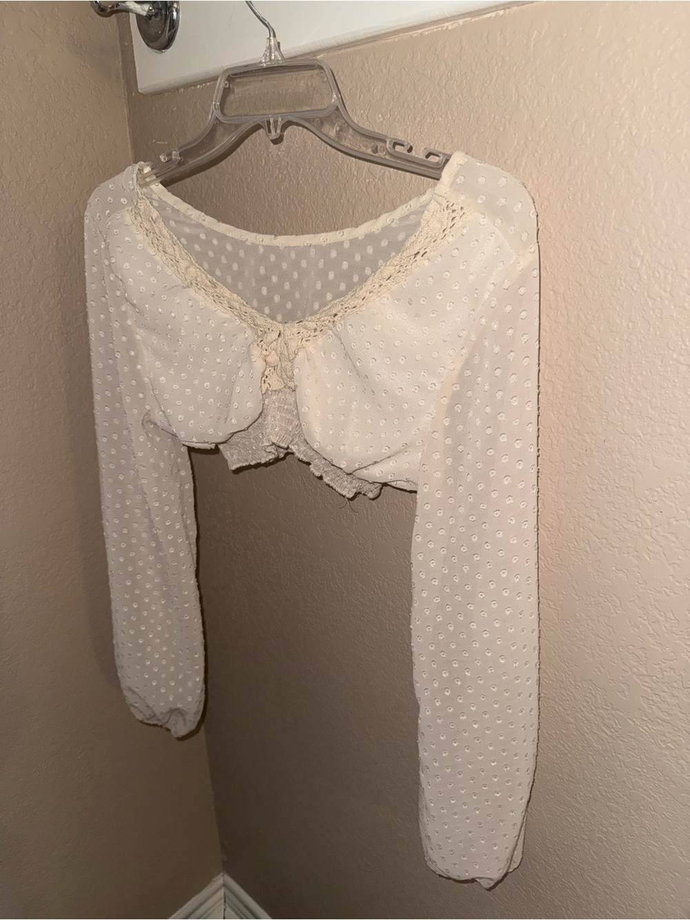 Cream Swiss Dot Cropped Long Sleeve Top